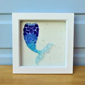 Sea Glass Mermaid Tail Art Framed in White Wooden Box Frame - home decor, birthday, nautical, seaglass art, gift, ombre, wall hanging, art