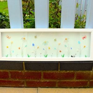 Cornish Sea Glass & Sea Shell Flower Art framed in Landscape Wooden Box Frame - Summertime, bumble bee, butterfly, wildlife, seaglass art