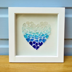 Sea Glass Heart Art Ombre Effect Framed in White Wooden Box Frame - mothers day, home decor, anniversary, nautical, seaglass art, valentines