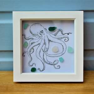 Sea Glass and Fine Liner Octopus Art Framed in White Wooden Box Frame - home decor, nautical, seaglass art, gift, wall hanging, art, tail