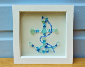 Sea Glass Anchor Art Framed in White Wooden Box Frame - home decor, housewarming, seaglass art, birthday, anchor, unique, nautical, coastal