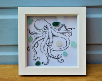 Cornish Sea Glass Octopus Wall Art - Framed Coastal Decor Artwork, Nautical, Green, Sealife