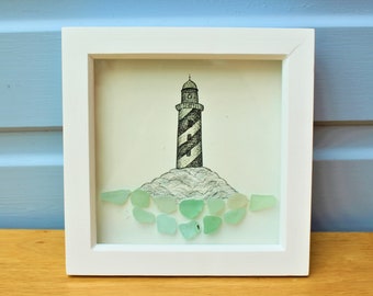Sea Glass and Fine Liner Plymouth Lighthouse Art Framed in White Wooden Box Frame - home decor, nautical, seaglass art, gift, wall hanging,