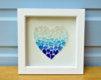 Sea Glass Heart Art Ombre Effect Framed in White Wooden Box Frame - mothers day, home decor, anniversary, nautical, seaglass art, valentines