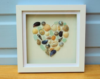 Sea Glass and Sea Shell Heart Art Framed in a White Wooden Shadow Box Frame with Mount Insert - anniversary, valentines, Mother’s Day
