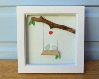 Sea Glass & Driftwood Bird Lovers Art Framed in White Wooden Box Frame - Anniversary, personalise, home decor, seaglass art, valentine’s day