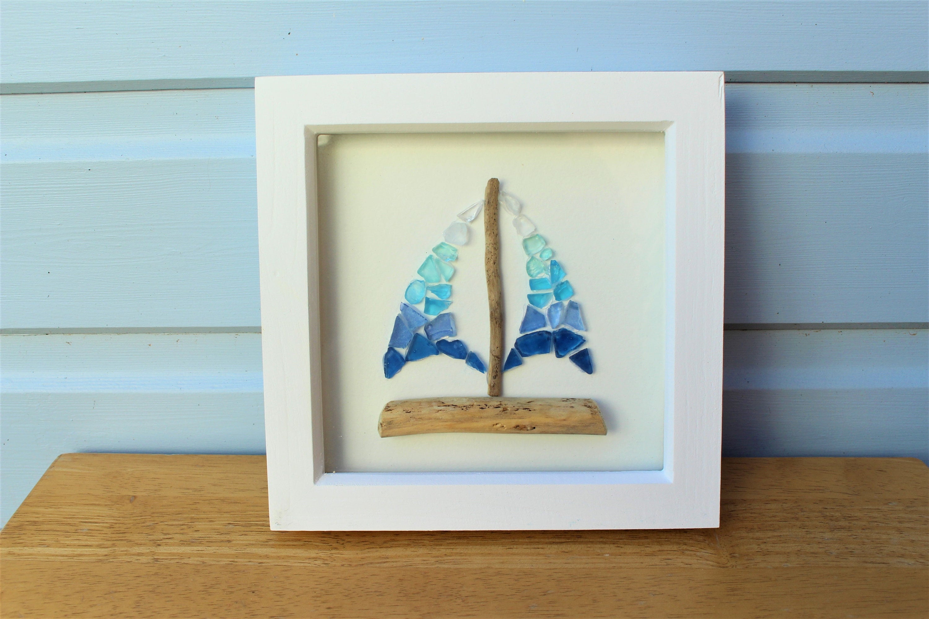 Cornish Sea Glass And Driftwood Sailboat Wall Art - Blue Ombré Framed Coastal Decor, Nautical