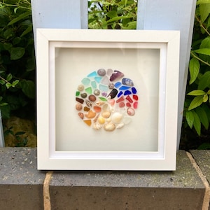 Rainbow Sea Glass and Sea Shell Circle Art Framed in a White Wooden Shadow Box Frame with Mount Insert - Sea Treasures, Coastal art, unique