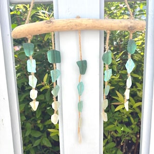 Sea Glass Sun Catcher with Driftwood - wall hanging, wind chime, ombré, home decor, garden decor, sea glass art, housewarming, suncatcher