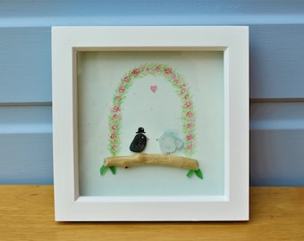 Sea glass, Pebble & Driftwood Bird Wedding Art Framed in White Wooden Box Frame - Birds, wedding gift, married, home decor, seaglass art