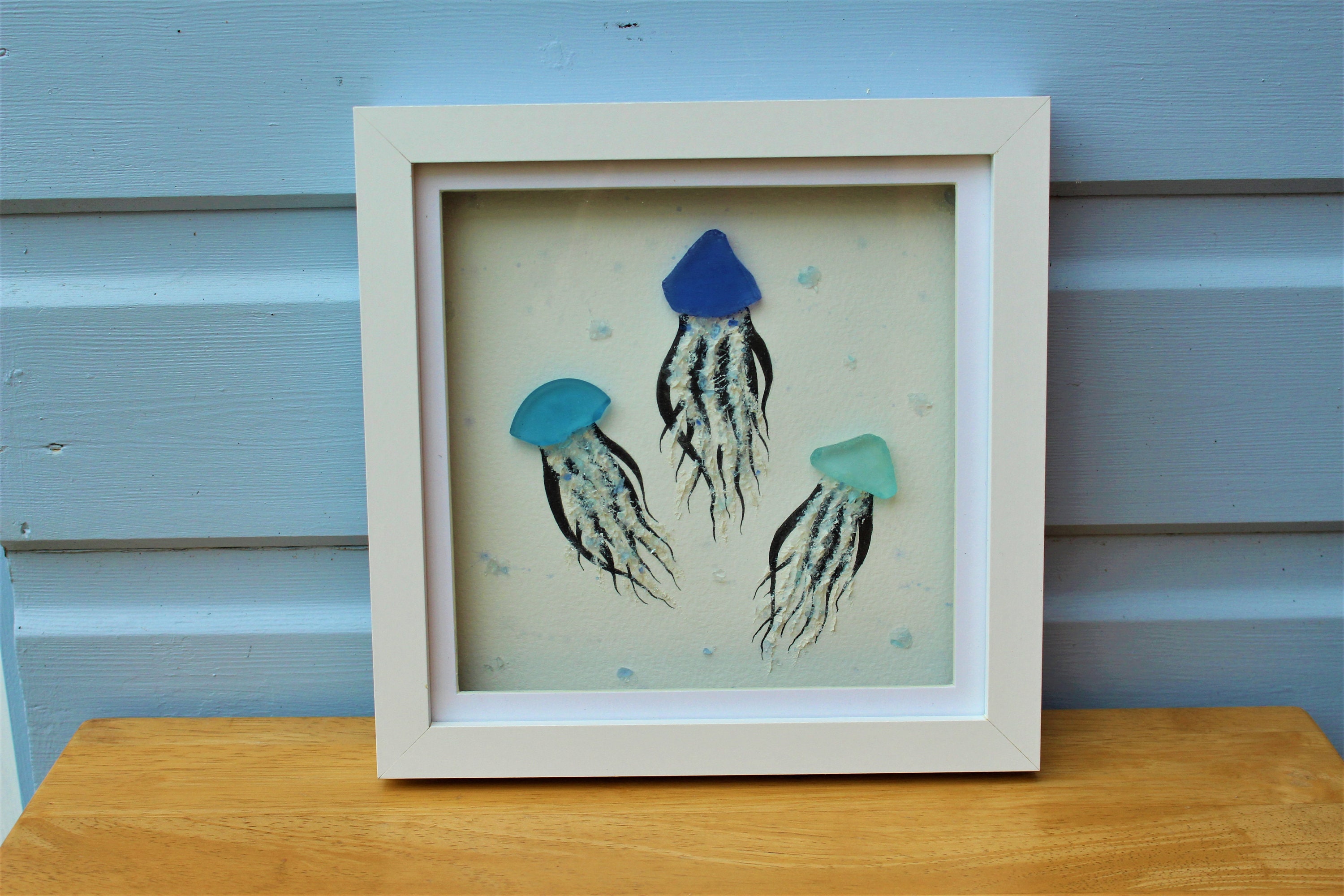 Sea Glass Jellyfish Art Framed in White Wooden Shadow Box
