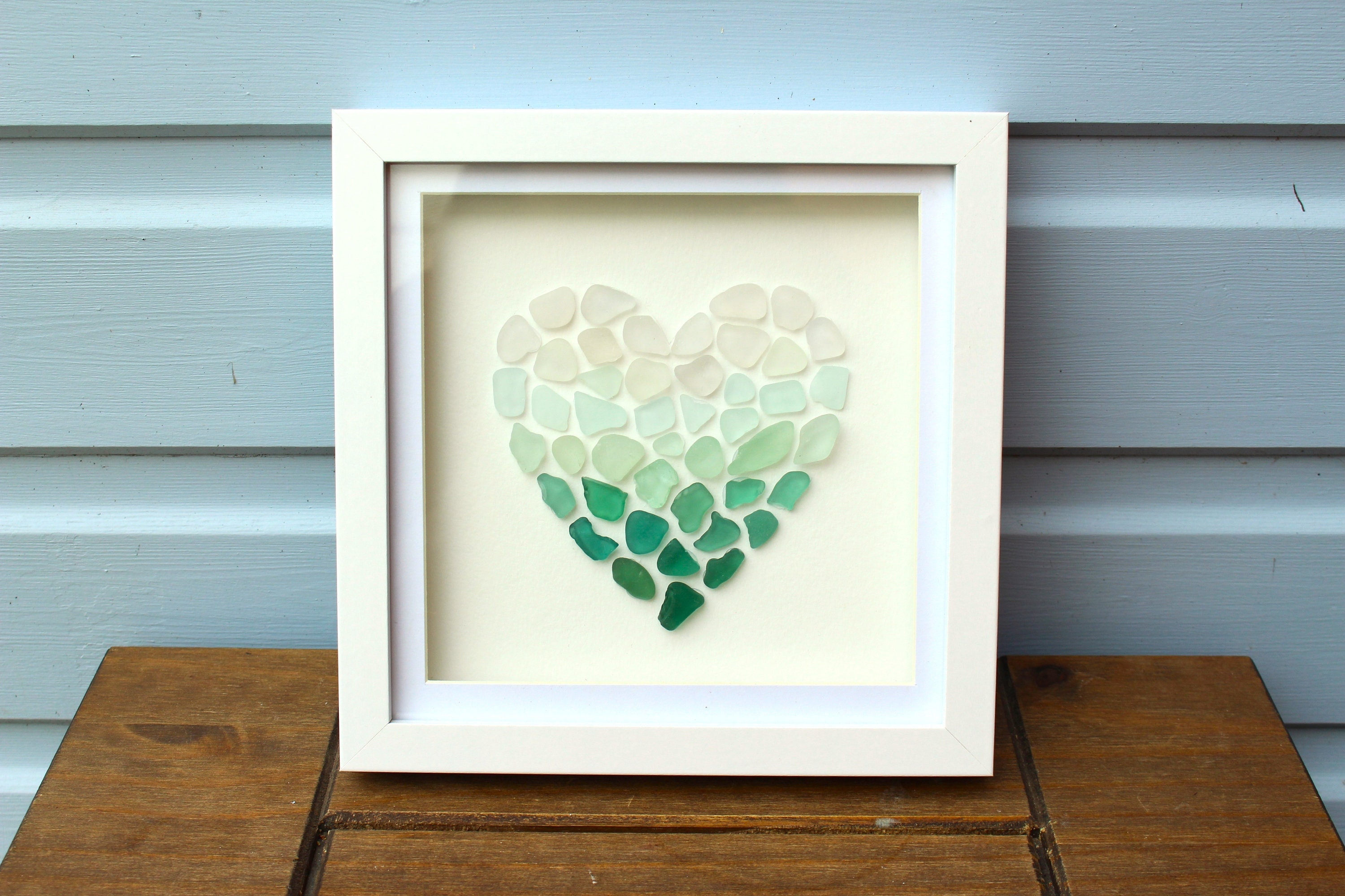 Cornish Sea Glass Teal Green Ombré Heart Wall Art - Framed Coastal