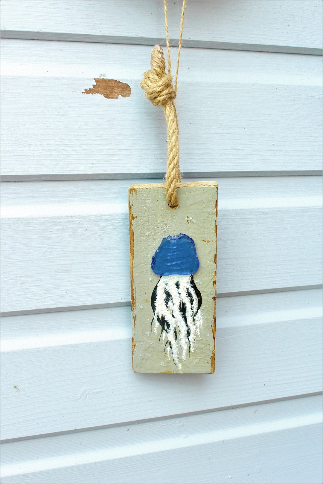 Sea Glass Jellyfish Art: Coastal Wall Hanging on Rustic Cornish ...