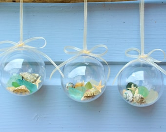 Sea glass and Sea shell hanging filled Christmas / Wedding Baubles , Tree Decorations - coastal decor, home decor, christmas decor