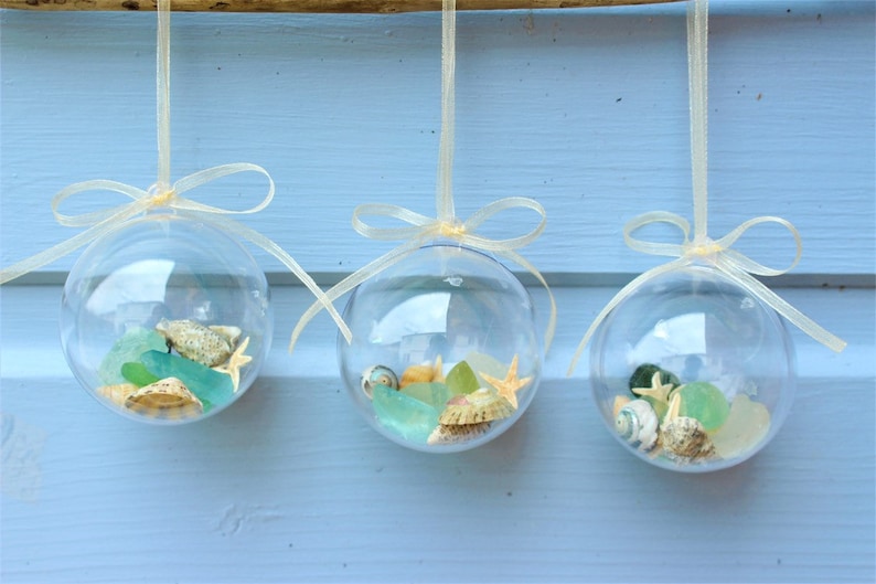 Cornish Sea Glass and Shell Christmas Bauble Ornaments - Coastal Holiday Decor, Nautical, Wedding Decoration