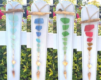 Cornish Sea Glass, Shell And Driftwood Suncatcher - Ombré Coastal Garden Decor, Wind Chime, Seaside