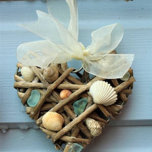 Décorations de Noël coeur en osier en verre de mer et coquillages - Ruban d&#39;organza, ornement, anniversaire, décoration de mariage, Noël, Saint-Valentin