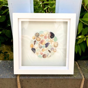 May include: A white framed picture featuring a circular arrangement of seashells and sea glass. The seashells are in various colours and shapes, including white, brown, pink, and purple. The sea glass is mainly clear and blue.