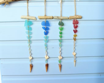 Sea Glass Sun Catcher with Driftwood and Sea Shells 15”-18” long (4 colour schemes available) - ombré, suncatcher, wind chime, sea glass art