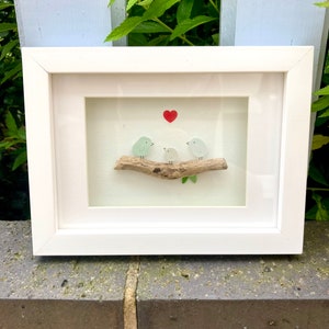 Sea Glass & Driftwood Bird Family Art Framed in White Wooden Box Frame - 2,3 or 4 birds- personalise, home decor, seaglass art, Valentine’s