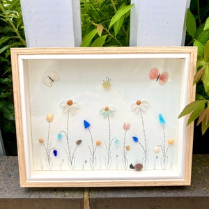 Cornish Sea Glass & Sea Shell Flower Art framed in Wooden Box Frame - Summertime, bumble bee, butterfly, wildlife, spring, seaglass art,