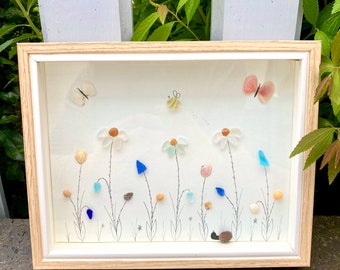 Cornish Sea Glass & Sea Shell Flower Art framed in Wooden Box Frame - Summertime, bumble bee, butterfly, wildlife, spring, seaglass art,