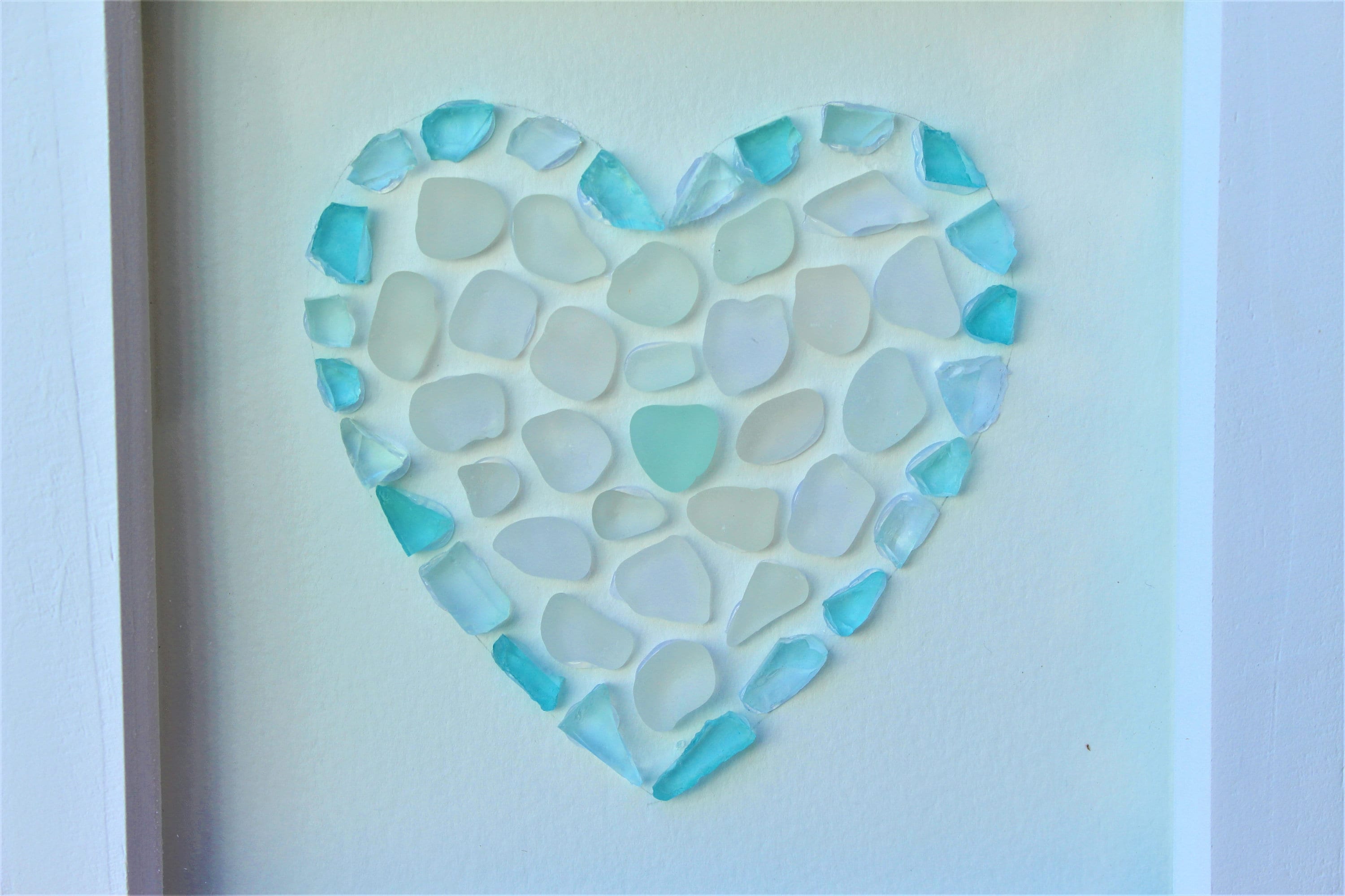 Sea Glass Heart Art Framed in a White Wooden Box Frame