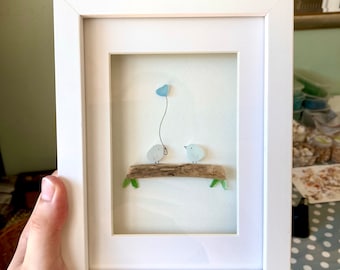 Sea Glass & Driftwood Love Bird Art in White Wooden Box Frame - Unique sea glass heart, home decor, seaglass art, anniversary, valentine’s