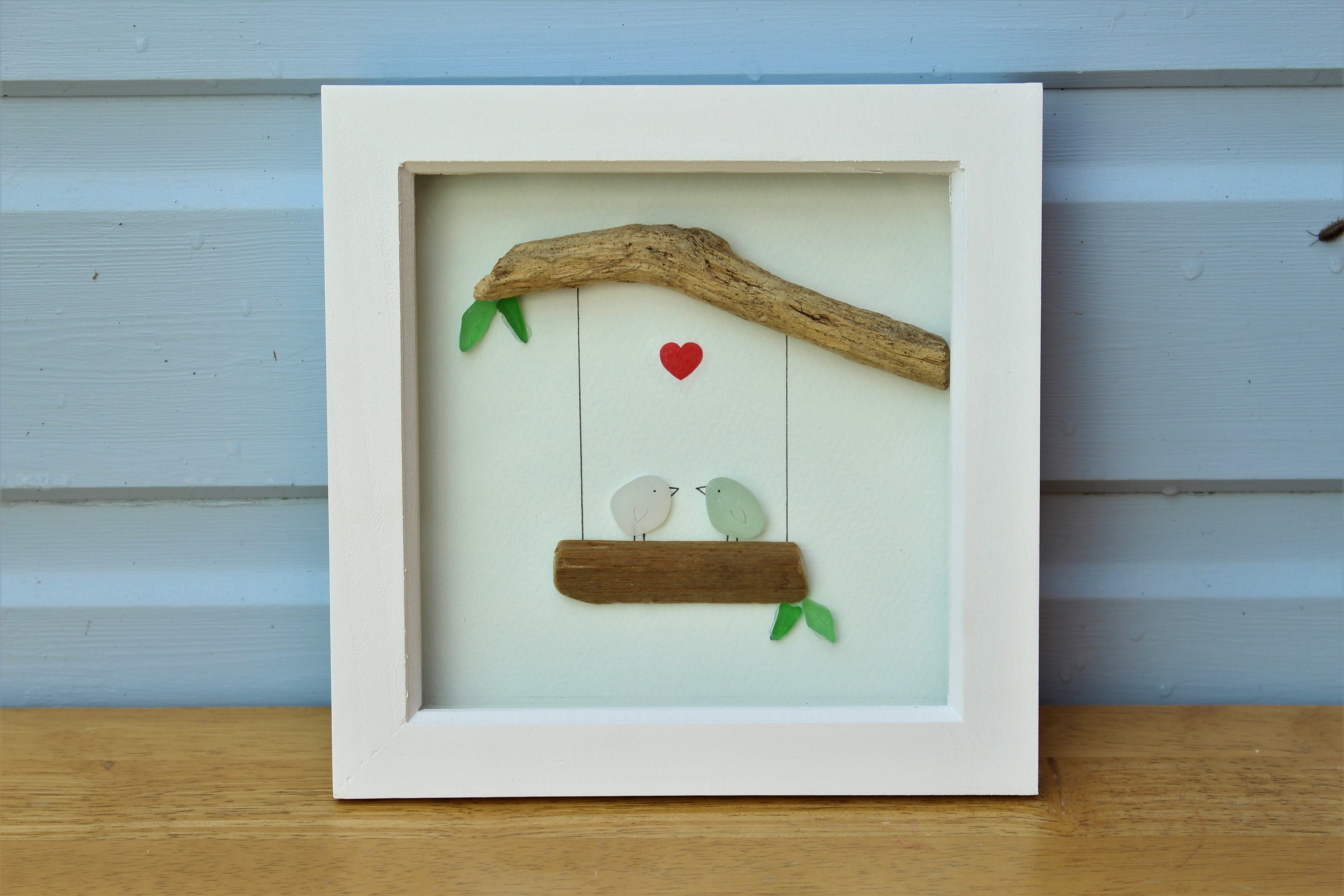 Cofest Home Decor,Sea Glass Birds,Sea Glass Art,Bird Wall Decor,Natural Sea Glass&Driftwood Picture,Framed Unique Wall Art,Suitable for Bedroom and