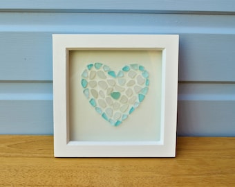 Cornish Sea Glass Herz Wand Kunst - Mit Rahmen Küsten Dekor Türkis Blau, Liebe, Nautisch
