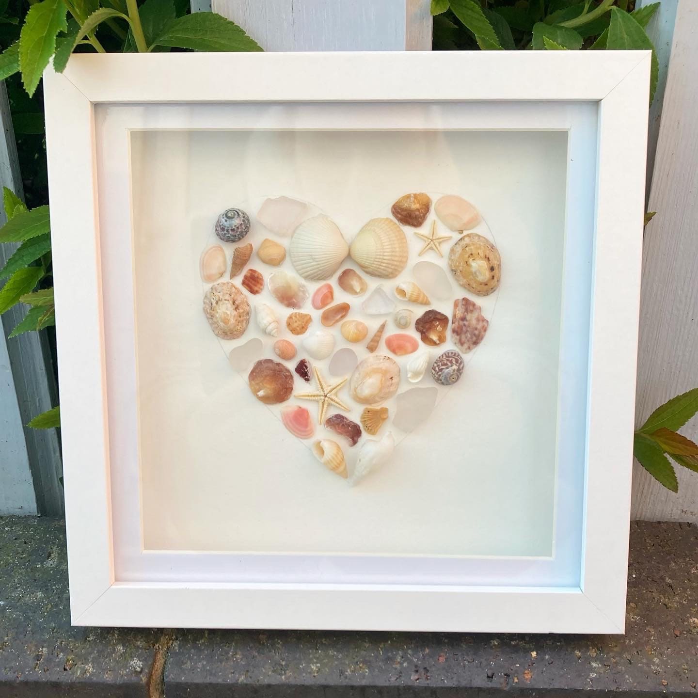 Sea Glass and Sea Shell Heart Art Pink Framed in a White Wooden Shadow Box Frame with Mount Insert - anniversary, valentines, Mother’s Day
