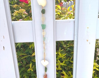 Cornish Sea Glass, Shell And Driftwood Suncatcher - Coastal Garden Decor, Wind Chime, Seaside, Green