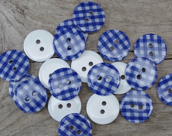 20 boutons 15 mm - BLANC bleu - carreaux - carottes