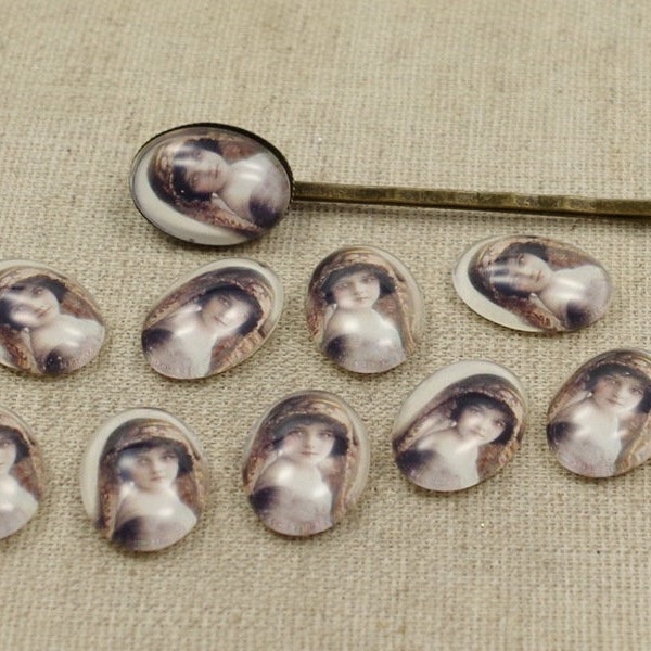 10 Glas Cabochons - Vintage  FRAU Portrait 18x13mm