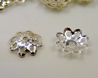 50 Bead Cap Flower Silver 10 mm flower caps