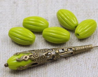 6 Bohemian glass beads 14 x 8 mm - OLIVE olive green