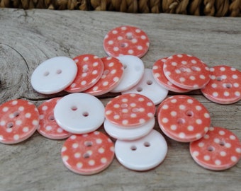 20 boutons 18 mm - BLANC orange saumon - points, points, dots - B-Ware