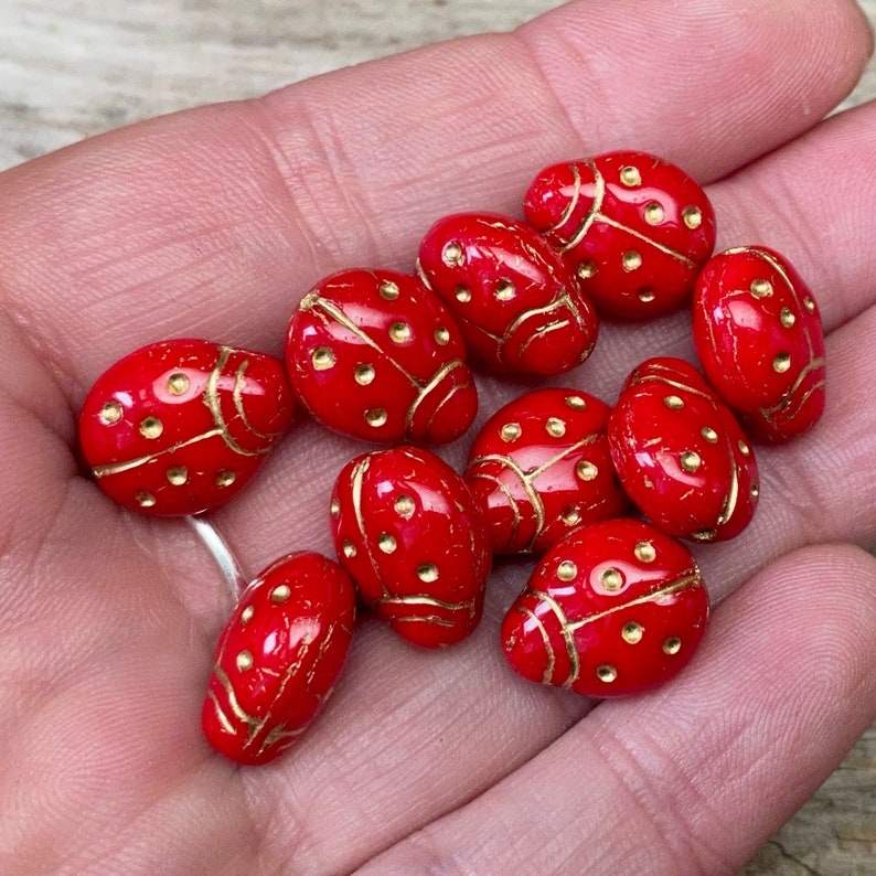 10 böhmische MARIENKÄFER Glasperlen 14x11mm rot gold ladybug Czech glass beads Käfer Bild 3