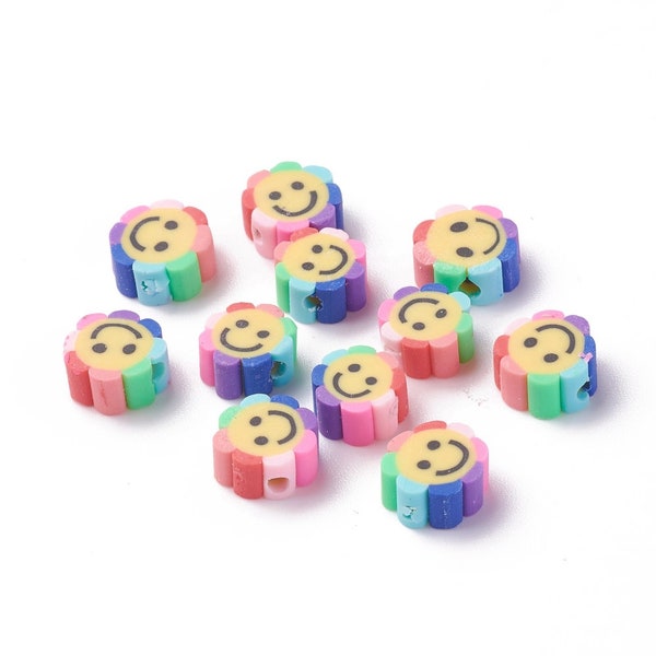 50 Polymer Clay Beads Smileys Flowers smile 9-10.5 mm - colorful - rainbow colors, flower smileys - PolymerClay