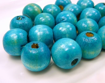 20 XL wooden beads - 16 mm - balls - petrol azur