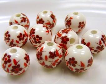 10 porcelain beads 12 mm red white flowers flowered