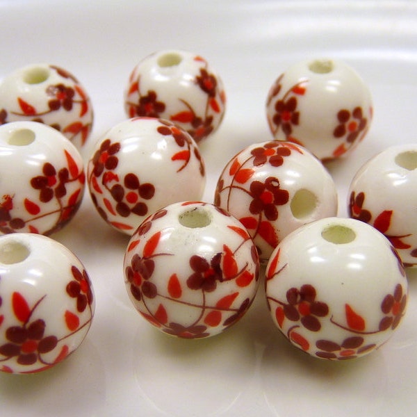 10 porcelain beads 12 mm red white flowers flowered