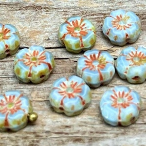 10 Bohemian glass flowers 8 mm flowers - light blue green pastel - Hawaii flowers lime green brown glass beads flowers hibiscus