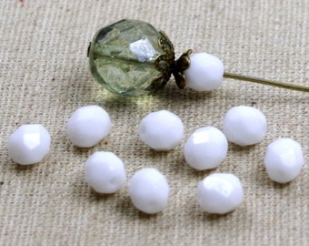 10 Czech glass cut beads 6 mm white opaque