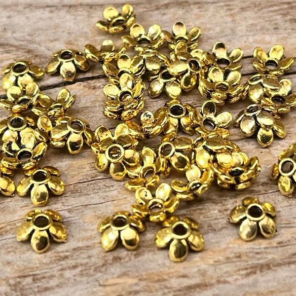 50 kleine Perlenkappen Blümchen ANTIK GOLD 6,5mm Perlkappen