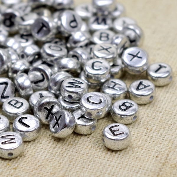 Perles de 300 lettres - ARGENT - 7 mm - rondes - lettres de perles ABC Alphabet Prix spécial - sans A