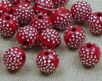 20 beads 10 mm red silver dotted dots