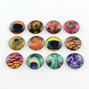 10 cabochons VERRE 12 mm PAON paon, plumes de paon
