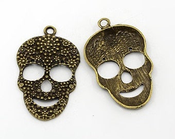 2 XL - SKULL Anhänger - BRONZE - 49x31mm  floral - Schädel - Totenkopf