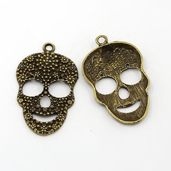 2 XL - SKULL Anhänger - BRONZE - 49x31mm  floral - Schädel - Totenkopf